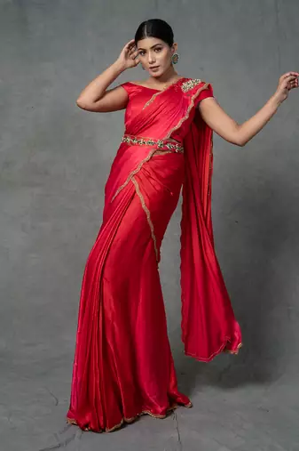 Red Hand Embroidered Drape Saree Set With Belt