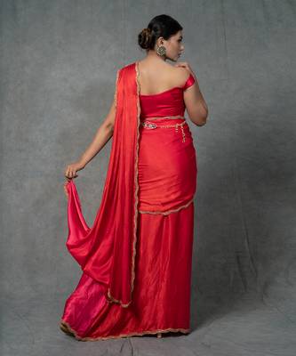 Red Hand Embroidered Drape Saree Set With Belt 6