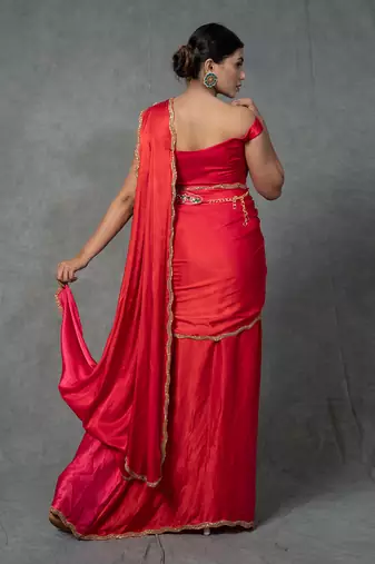 Red Hand Embroidered Drape Saree Set With Belt