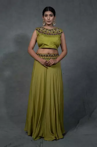 Green Hand Embroidered Crop Top Skirt Shrug Set With Belt