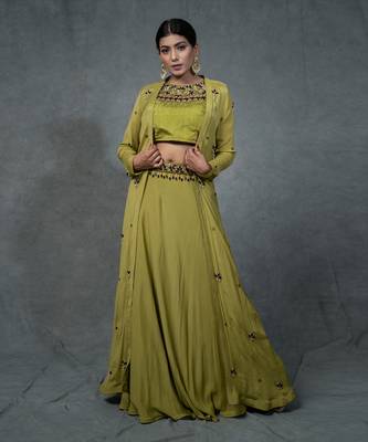 Green Hand Embroidered Crop Top Skirt Shrug Set With Belt 1