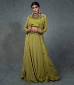 Green Hand Embroidered Crop Top Skirt Shrug Set With Belt