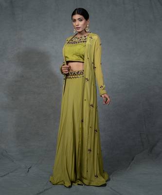 Green Hand Embroidered Crop Top Skirt Shrug Set With Belt 3