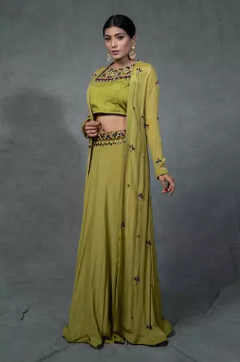 Green Hand Embroidered Crop Top Skirt Shrug Set With Belt