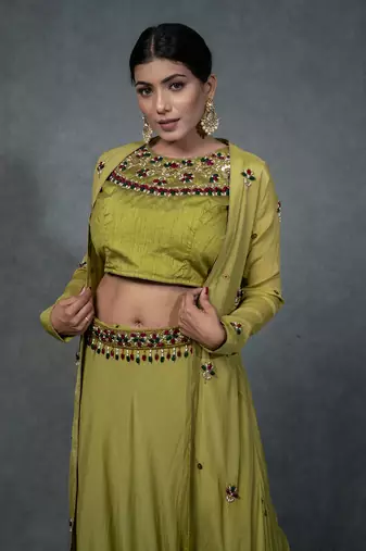 Green Hand Embroidered Crop Top Skirt Shrug Set With Belt