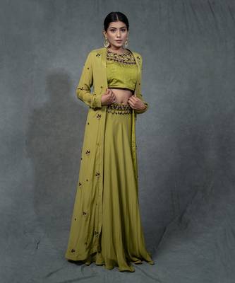 Green Hand Embroidered Crop Top Skirt Shrug Set With Belt 5