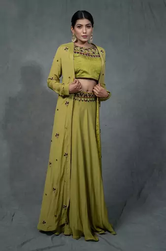 Green Hand Embroidered Crop Top Skirt Shrug Set With Belt