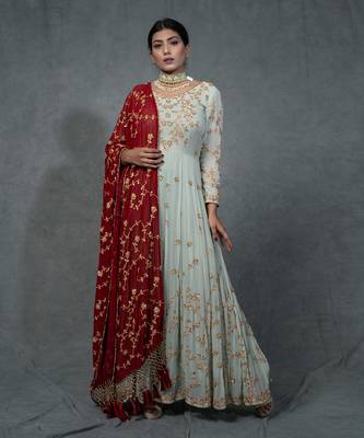 Turqouise Blue Hand Embroidered Anarkali Set 1