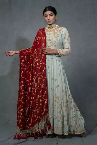 Turqouise Blue Hand Embroidered Anarkali Set