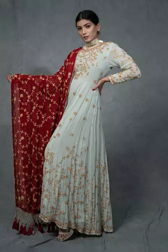 Turqouise Blue Hand Embroidered Anarkali Set