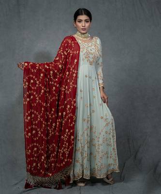 Turqouise Blue Hand Embroidered Anarkali Set 4