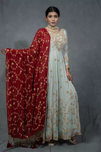 Turqouise Blue Hand Embroidered Anarkali Set