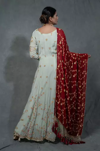 Turqouise Blue Hand Embroidered Anarkali Set