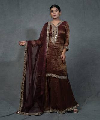Brunette Brown Hand Embroidered Sharara Set 1