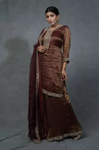 Brunette Brown Hand Embroidered Sharara Set