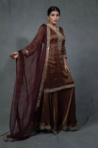 Brunette Brown Hand Embroidered Sharara Set