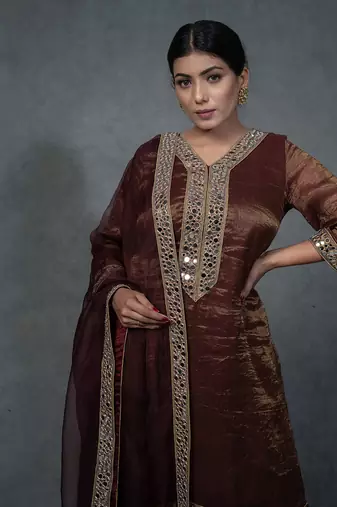 Brunette Brown Hand Embroidered Sharara Set