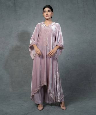 Purple Hand Embroidered Velvet Kurta Set 1