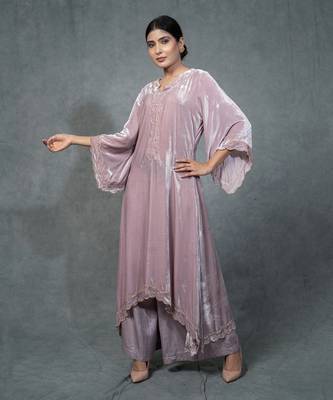 Purple Hand Embroidered Velvet Kurta Set 2