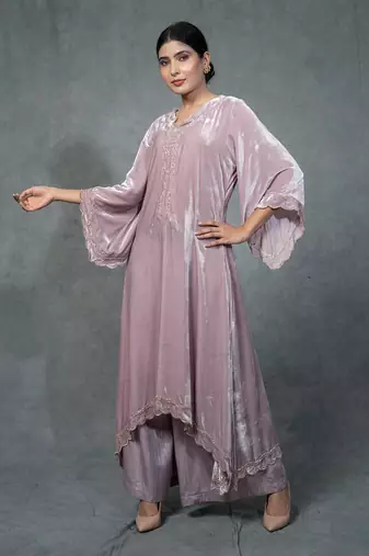 Purple Hand Embroidered Velvet Kurta Set