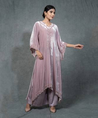 Purple Hand Embroidered Velvet Kurta Set 3