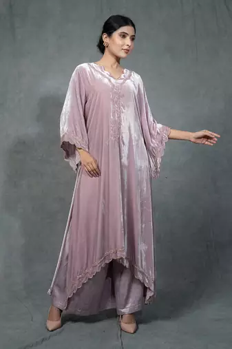 Purple Hand Embroidered Velvet Kurta Set