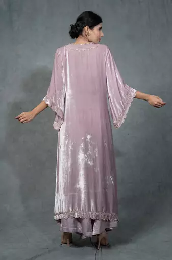 Purple Hand Embroidered Velvet Kurta Set