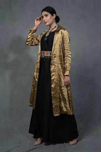 Golden Hand Embroidered Trenchcoat Gown Belt Set