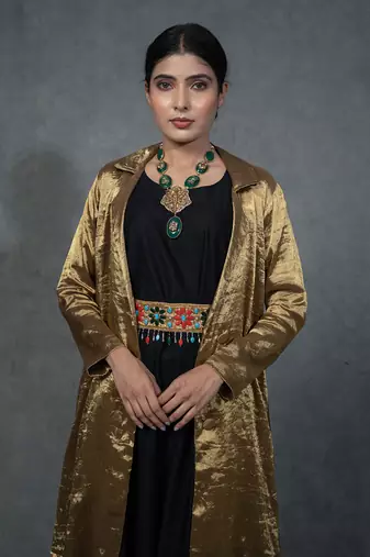 Golden Hand Embroidered Trenchcoat Gown Belt Set