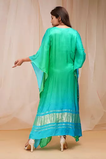 4D DYEING OF CORAL BLUE AND BRIGHT GREENKAFTAAN