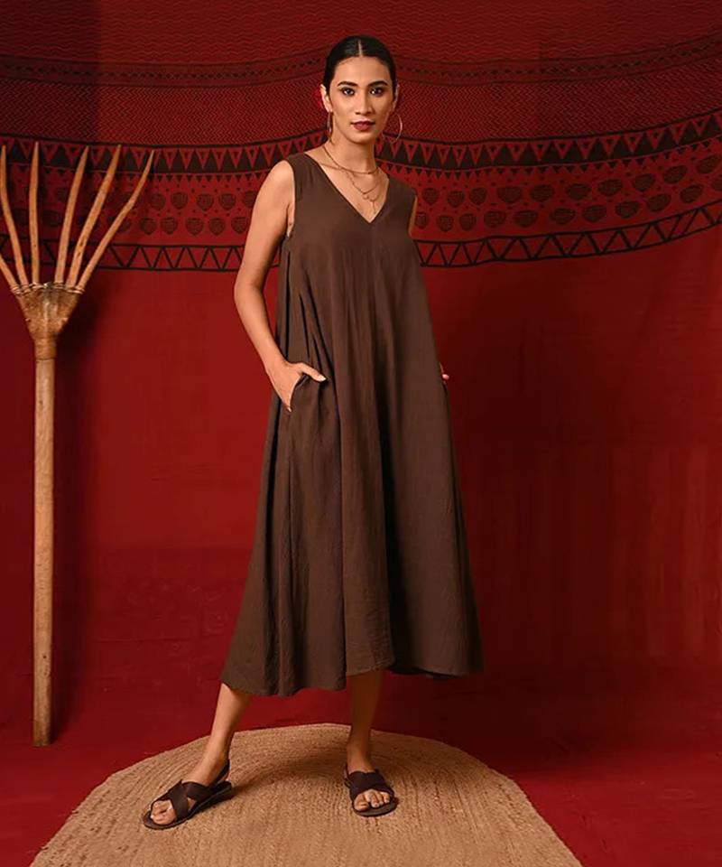 Brown Brunette Aline Dress In Cotton Slub - ANS BY AASTHA AND SIDHARTH -  3986895