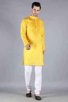 Yellow embroidered cotton men-kurtas
