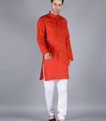 Orange embroidered cotton men-kurtas
