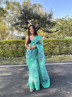 Sea Greendesigner Floral Digital Printed,Embroidery Workorganzatraditional-Sareeswithsatin Bangloriblouse 1