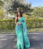 Sea Greendesigner Floral Digital Printed,Embroidery Workorganzatraditional-Sareeswithsatin Bangloriblouse