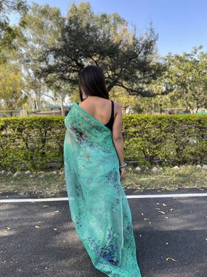 Sea Greendesigner Floral Digital Printed,Embroidery Workorganzatraditional-Sareeswithsatin Bangloriblouse 2