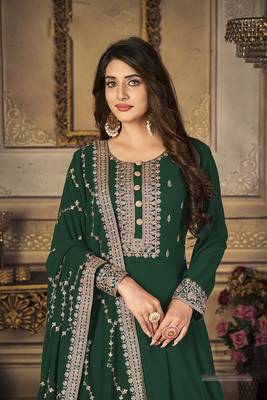Dark-green embroidered georgette salwar 4
