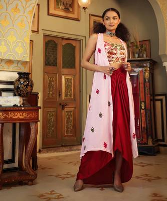Dilruba Ivory Red Pink Rangeen Tie Up Top With Drape Skirt And Cape Set 2