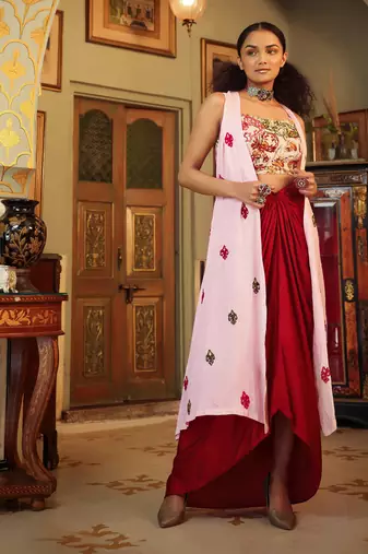 Dilruba Ivory Red Pink Rangeen Tie Up Top With Drape Skirt And Cape Set
