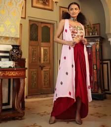 Dilruba Ivory Red Pink Rangeen Tie Up Top With Drape Skirt And Cape Set