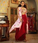 Dilruba Ivory Red Pink Rangeen Tie Up Top With Drape Skirt And Cape Set