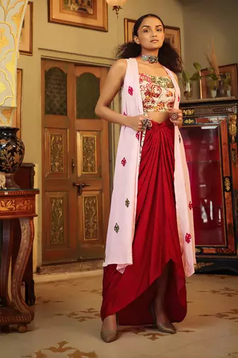 Dilruba Ivory Red Pink Rangeen Tie Up Top With Drape Skirt And Cape Set