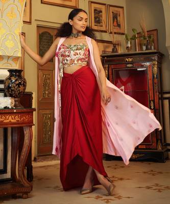 Dilruba Ivory Red Pink Rangeen Tie Up Top With Drape Skirt And Cape Set 4