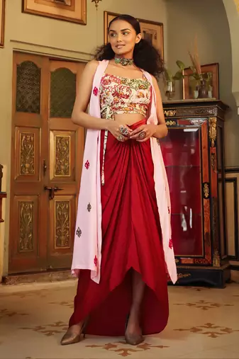 Dilruba Ivory Red Pink Rangeen Tie Up Top With Drape Skirt And Cape Set