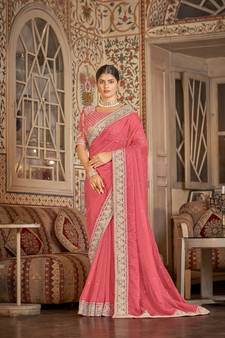 Coral Pinkheavy Dori,Sequance Embroidery Workorganzatraditional-Sareeswithorganzablouse