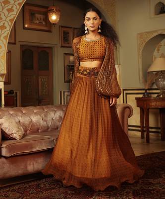 Dilruba Trevron Dhaani  Balloon Sleeve Crop Top With Broad Belt Skirt 2