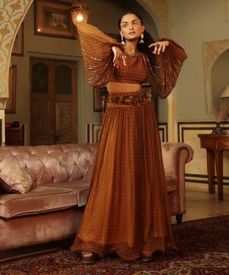 Dilruba Trevron Dhaani  Balloon Sleeve Crop Top With Broad Belt Skirt 3