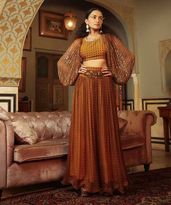 Dilruba Trevron Dhaani  Balloon Sleeve Crop Top With Broad Belt Skirt 4