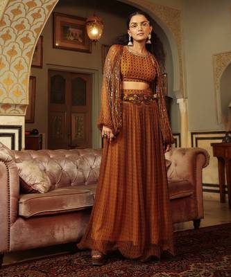 Dilruba Trevron Dhaani  Balloon Sleeve Crop Top With Broad Belt Skirt 5