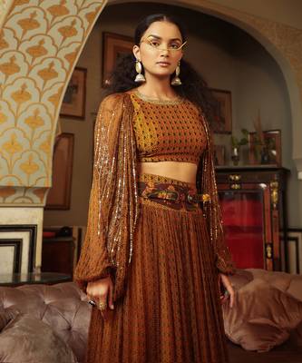 Dilruba Trevron Dhaani  Balloon Sleeve Crop Top With Broad Belt Skirt 6